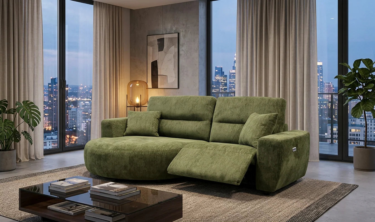 An olive green modular sectional sofa with a reclining chaise lounge.