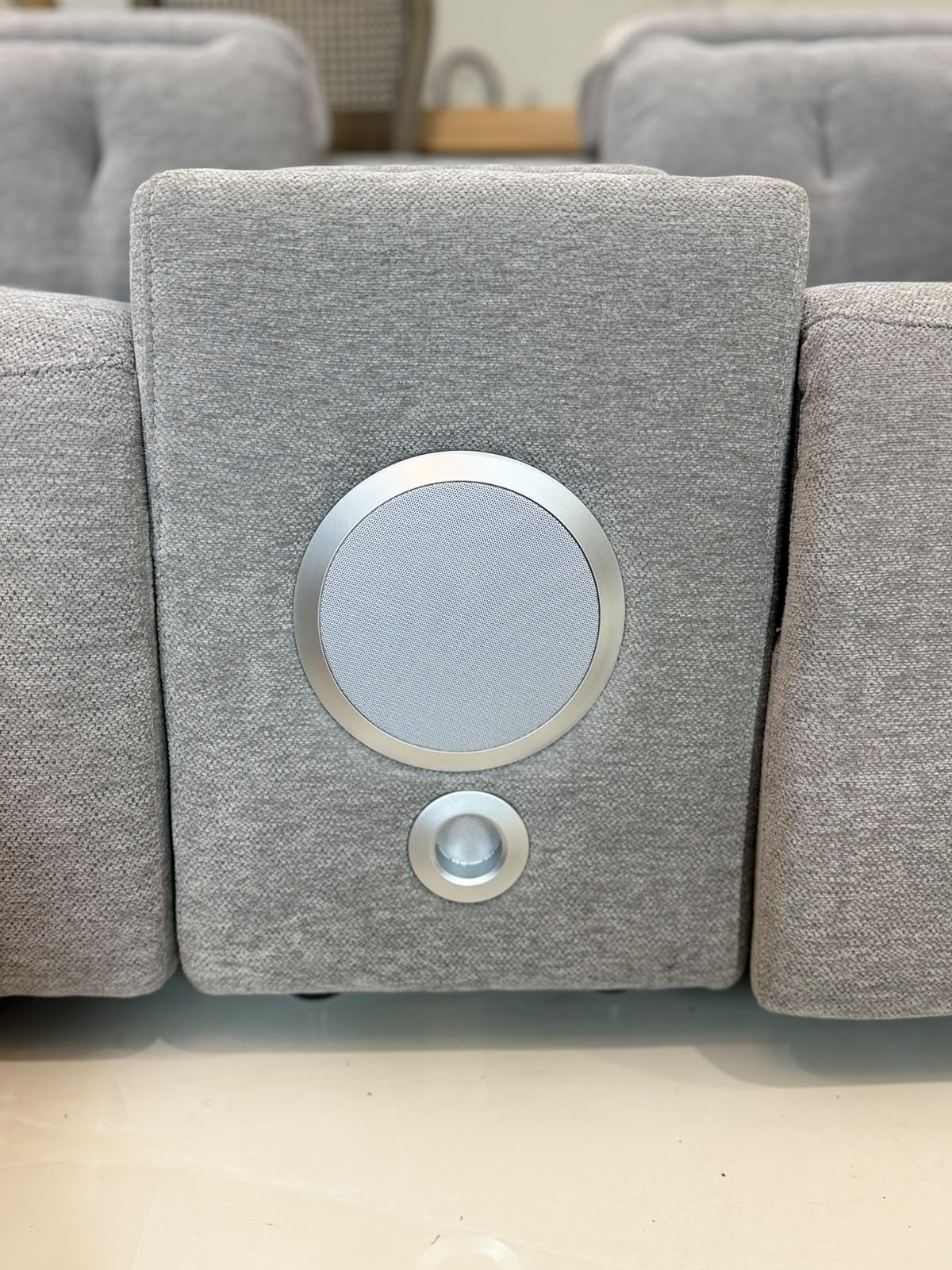 A close-up of a gray fabric-covered speaker module with a circular silver grille and a smaller matching speaker below it, mounted between larger gray speakers.