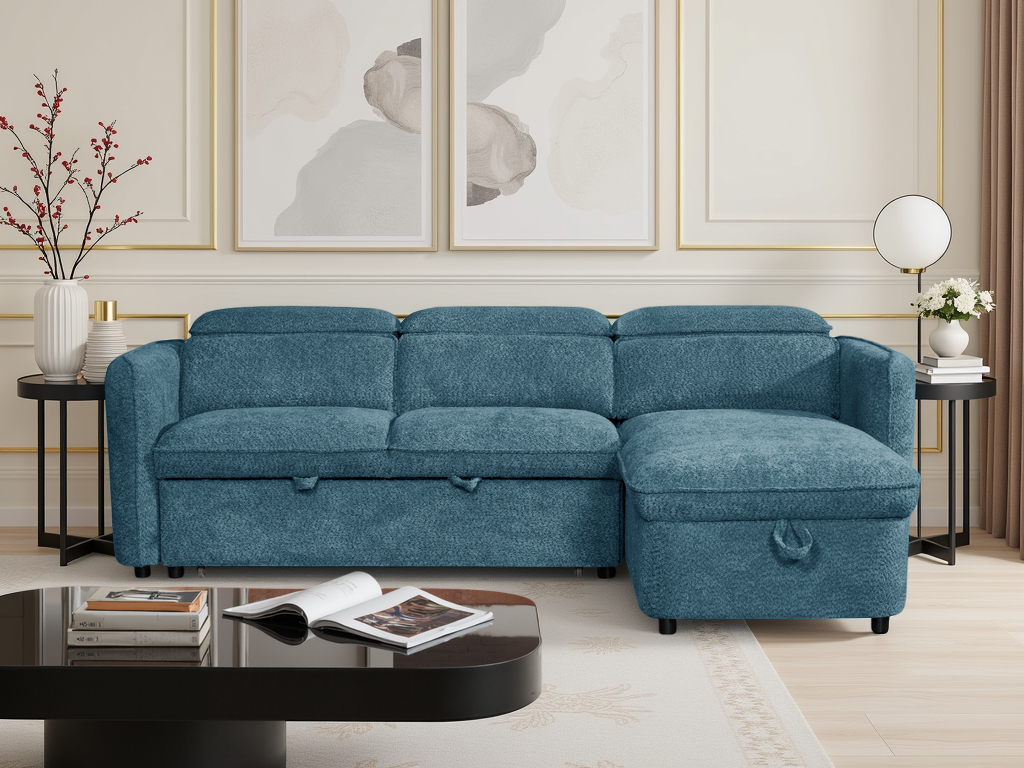 Blue sectional sofa in a living room setting with decor elements.