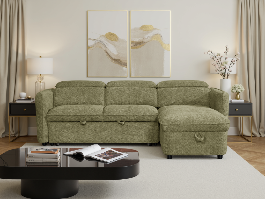 Green sectional sofa in a living room setting with coffee table.