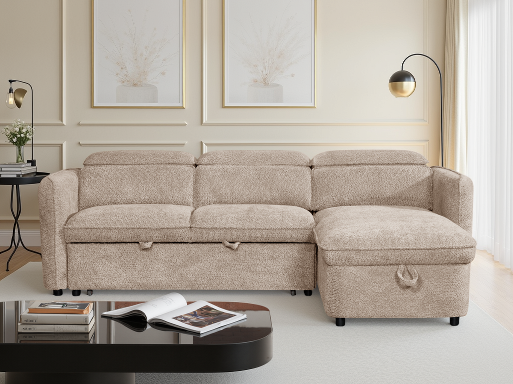 Beige sectional sofa in a living room setting with decor elements.