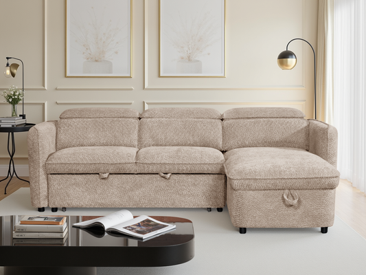 Beige sectional sofa in a living room setting with decor elements.
