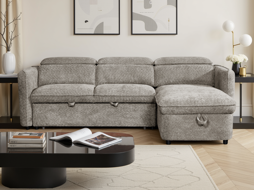 Gray sectional sofa in a living room with a coffee table and decorative items and table.