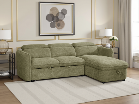 Green sectional sofa in a living room setting with large window