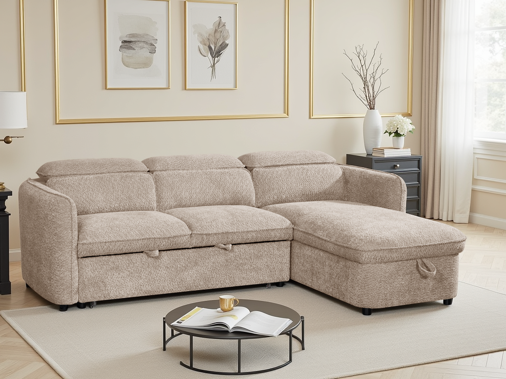 Beige sectional sofa in a living room setting with coffee table