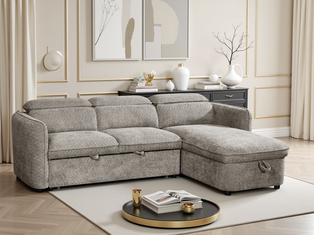 Gray sectional sofa in a living room setting.