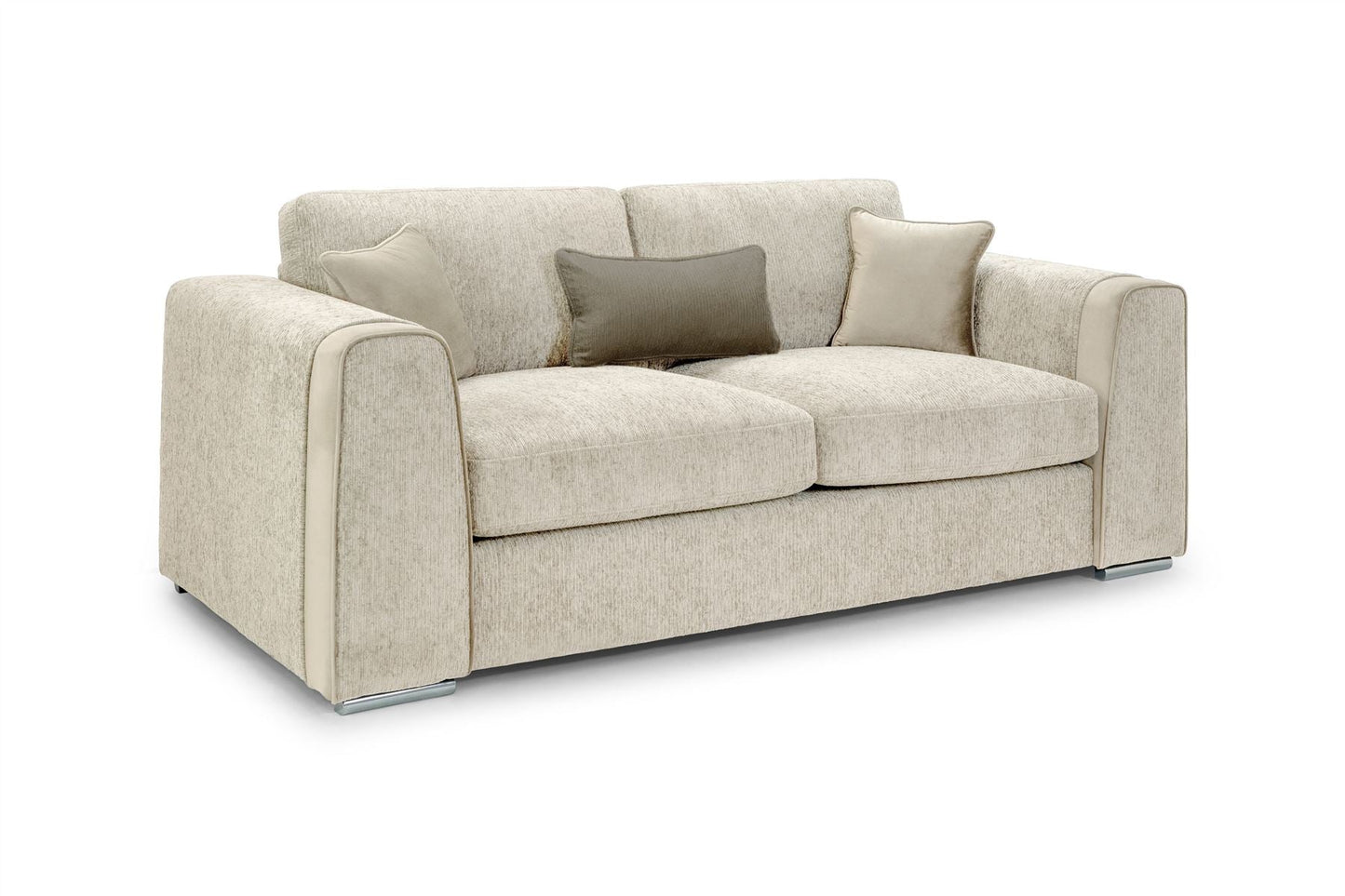 Beige sofa with two cushions on a white background