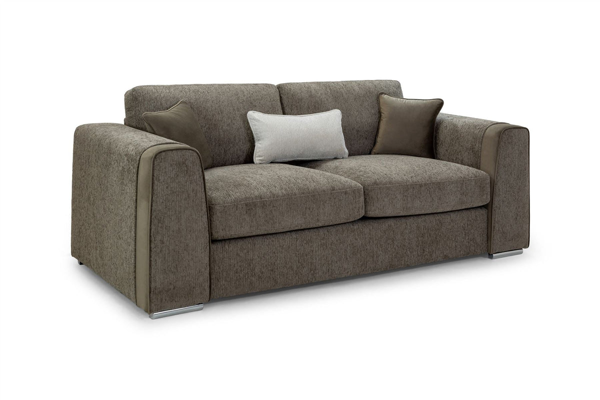 Brown sofa with three cushions on a white background