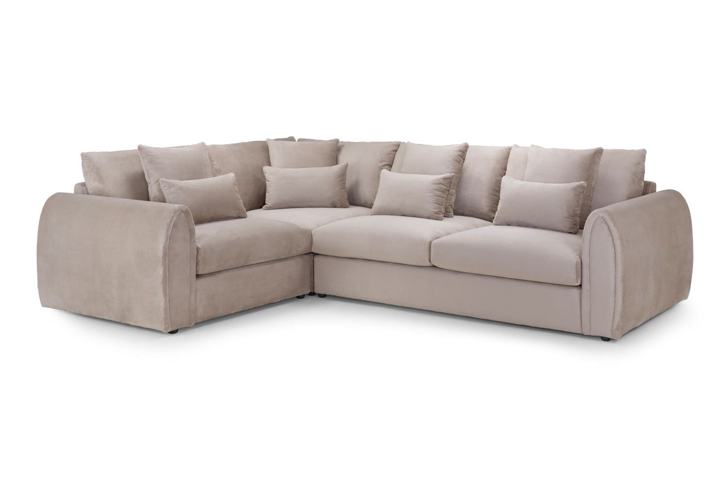 Beige sectional sofa with cushions on a white background