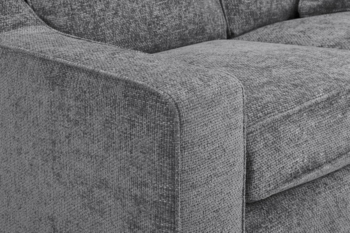 Gray textured sofa with a close-up view of the fabric.