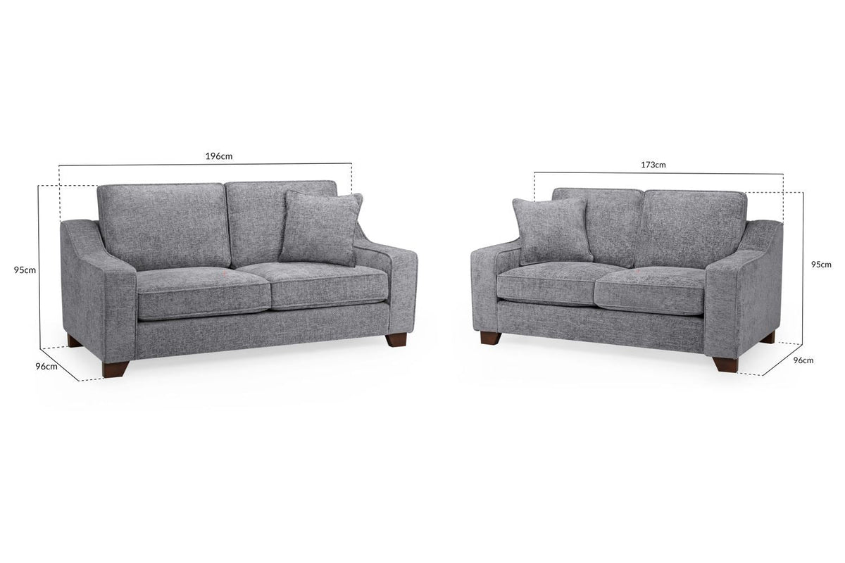 Gray sofa set with dimensions on a white background