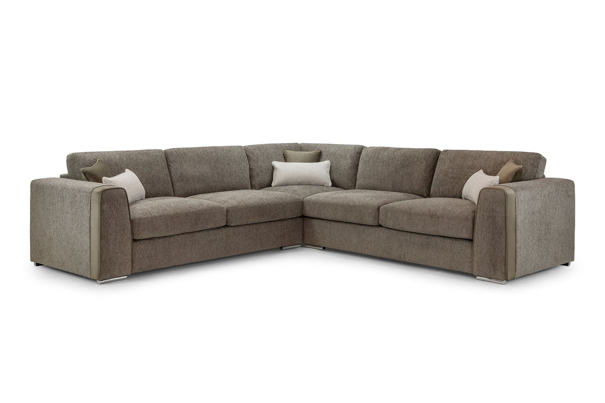 Brown sectional sofa with cushions on a white background