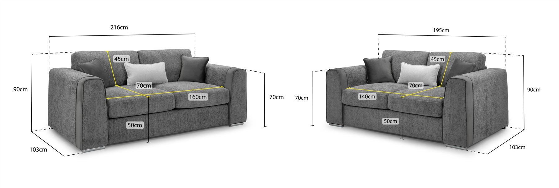 Gray sofa set with dimensions labeled on a white background