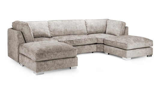 A light beige textured fabric sectional sofa with a left-facing chaise and a right-facing chaise, shown on a plain white background.
