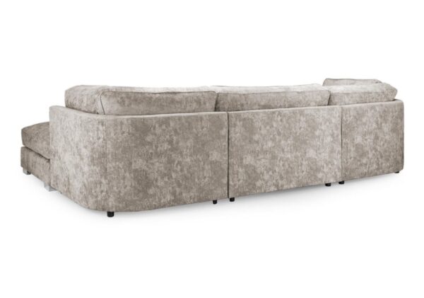 A modern sectional sofa upholstered in a textured, mottled light gray fabric, shown from a three-quarters angle against a plain white background.