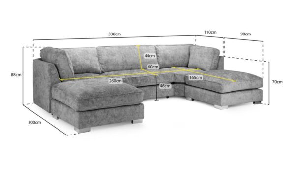 Gray sectional sofa with dimension callouts and yellow measurement lines on a white background.