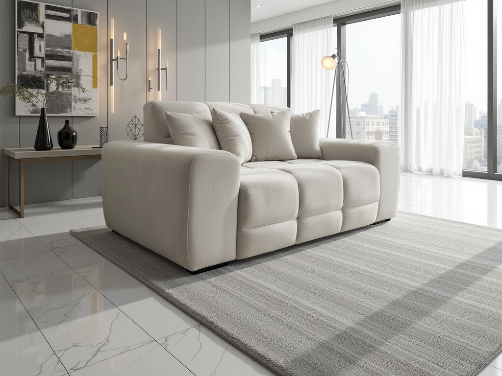 Beige sofa in a modern living room with large windows and decorative elements.