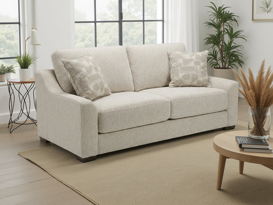 Douglas beige fabric three-seater sofa with two patterned cushions and dark wooden feet