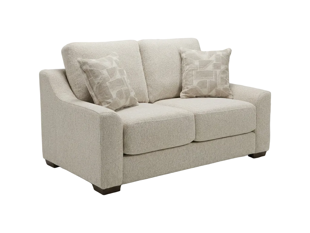 Douglas beige fabric two-seater sofa with two patterned cushions and dark wooden feet