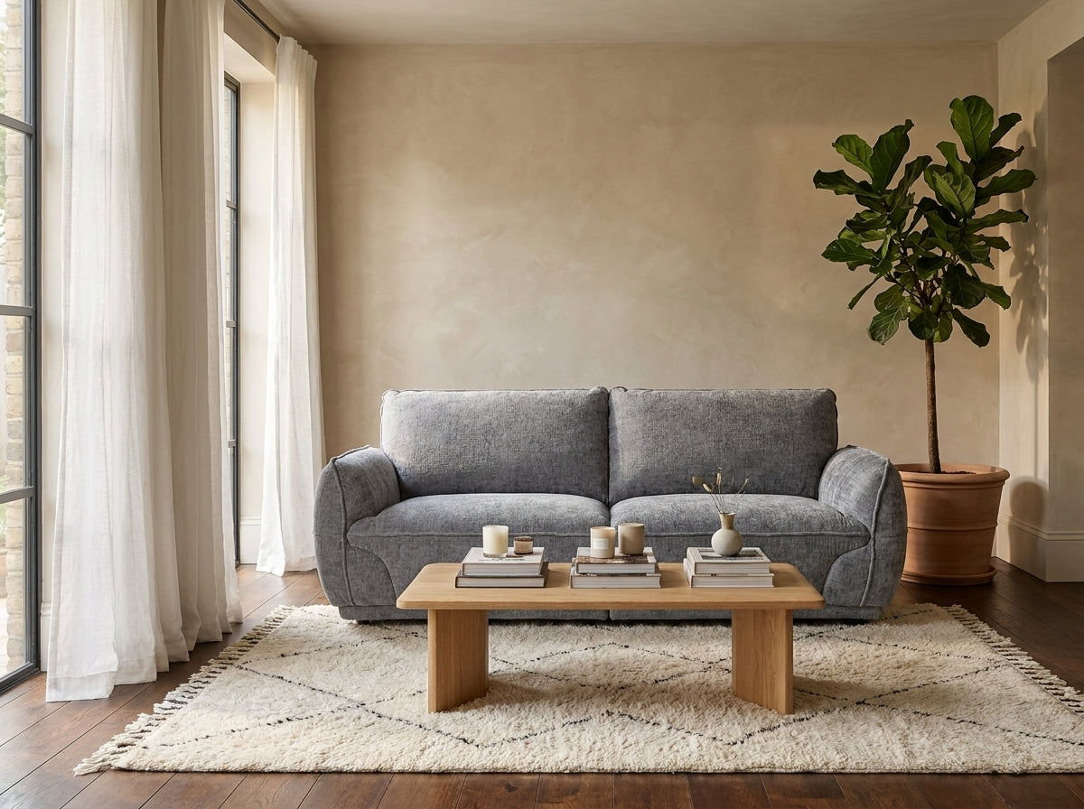 A gray upholstered loveseat in a styled living room with a wooden coffee table, cream rug, large potted fiddle-leaf fig, and tall windows with white curtains.