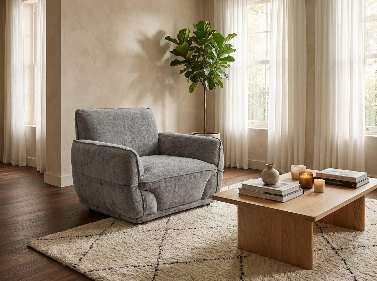 A plush gray upholstered armchair in a styled living room setting with a wooden coffee table, patterned rug, and a potted fiddle-leaf fig plant.