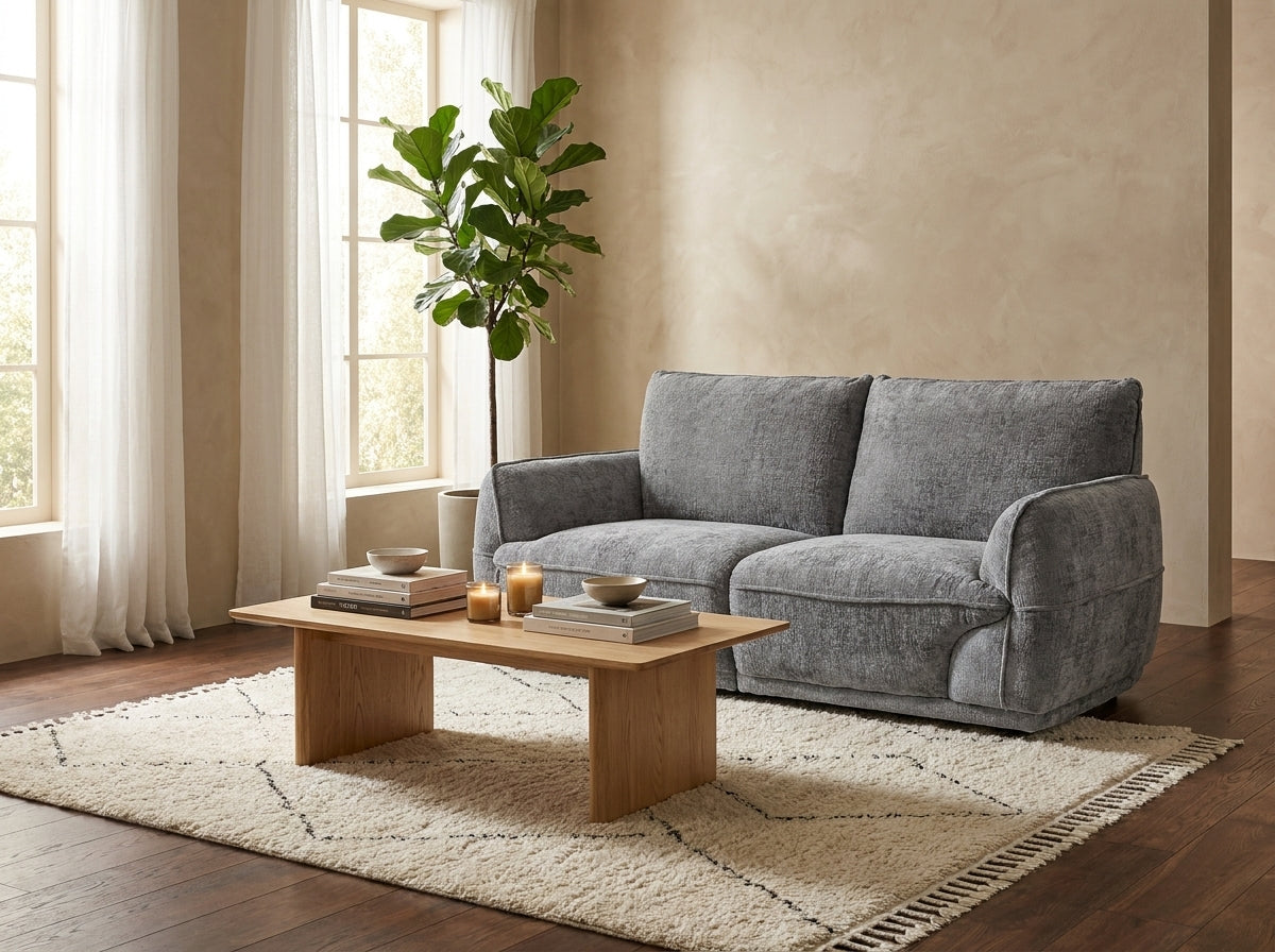 A gray upholstered loveseat in a styled living room setting with a wooden coffee table, cream rug, textured beige walls, and a potted plant.