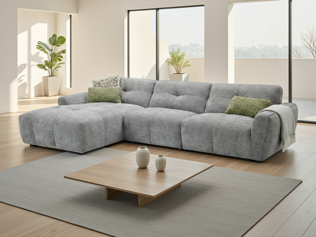 A modern light gray L-shaped sectional sofa with two green accent pillows, set in a bright, contemporary living room.