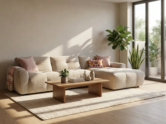 A modern beige sectional sofa with matching throw pillows in a bright, sunlit living room. 