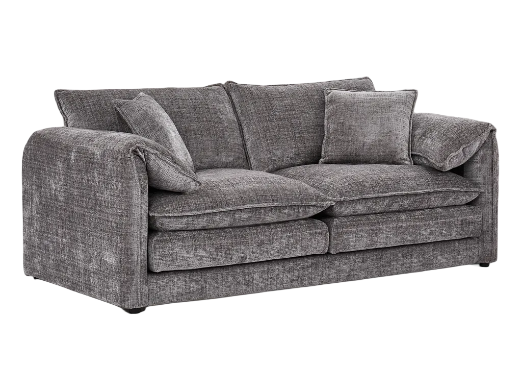 A three-seater sofa upholstered in textured gray fabric, featuring two matching throw pillows, shown against a plain white background.