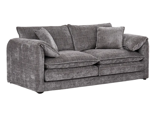 A three-seater sofa upholstered in textured gray fabric, featuring two matching throw pillows, shown against a plain white background.