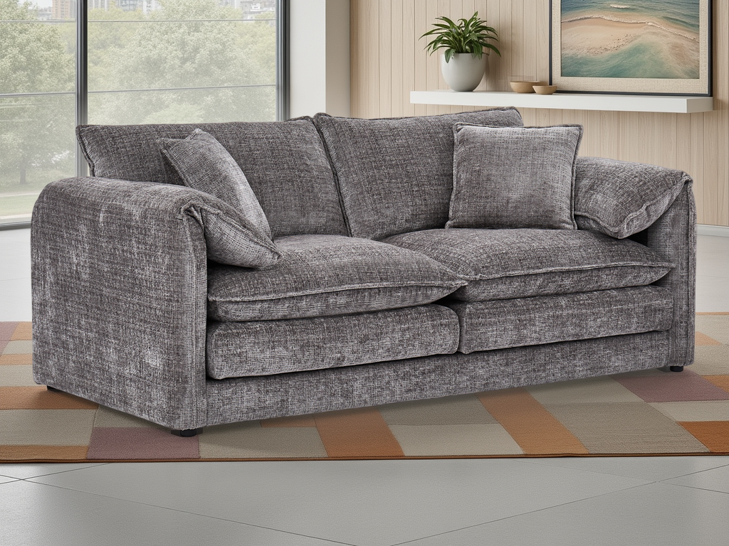 Gray sofa in a living room setting with a striped rug and window in the background