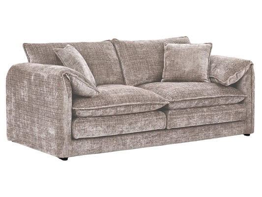 Beige sofa with cushions on a white background