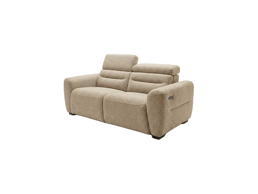 A modern two-seater reclining sofa upholstered in a textured beige bouclé fabric, shown from a three-quarter angle against a plain white background.