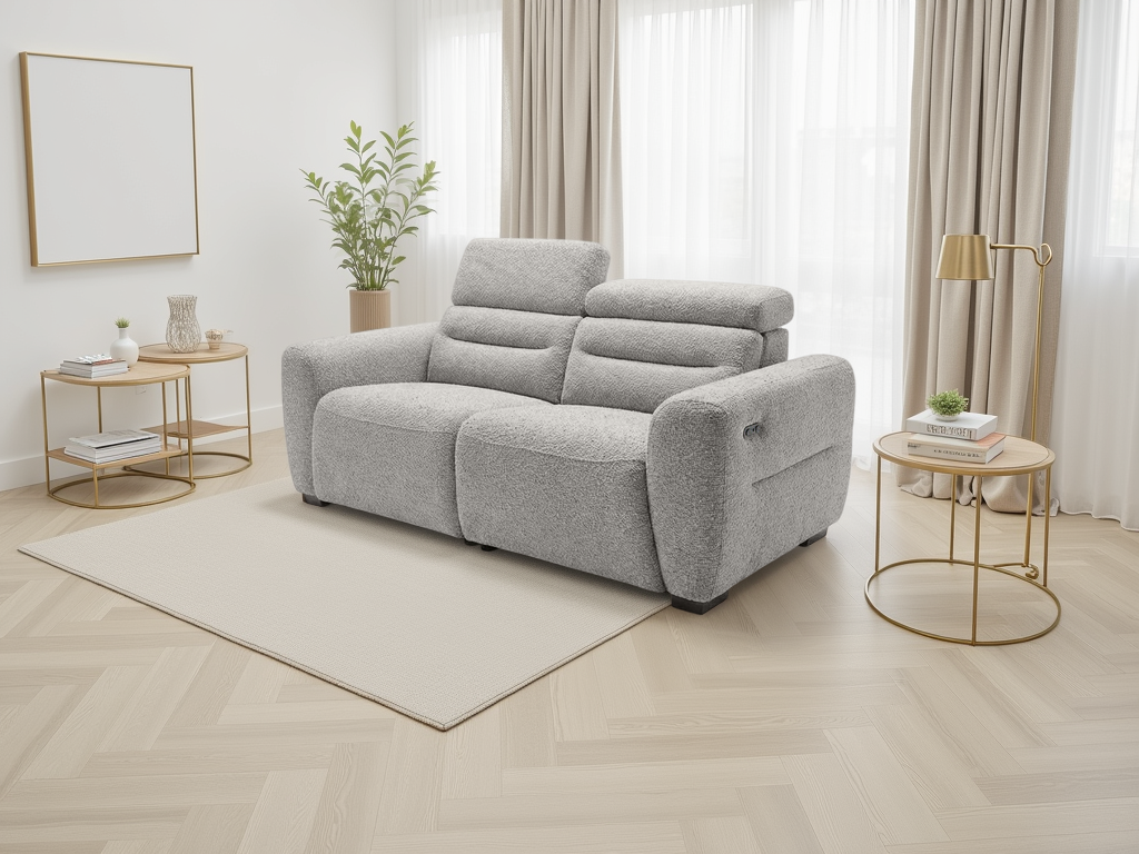 Gray sofa in a modern living room with gold side tables and white curtains.