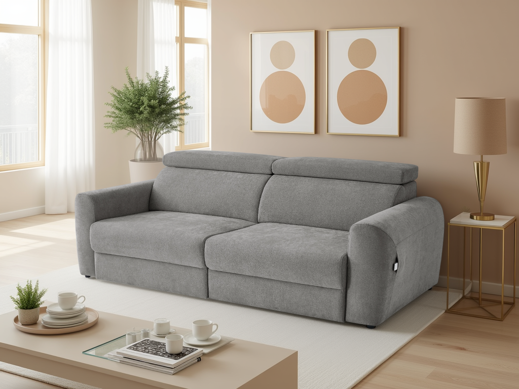 Gray sofa in a living room with a coffee table, lamp, and decorative items.