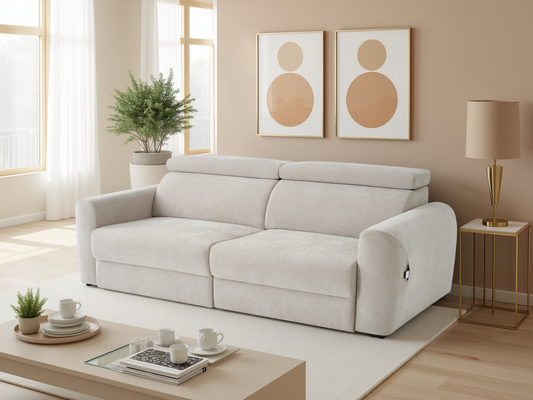 Modern living room with a beige sofa, coffee table, and decorative elements.