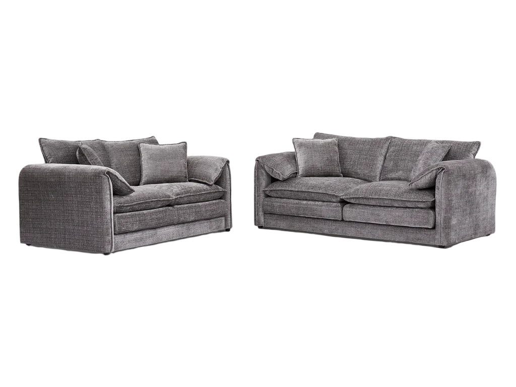A gray textured fabric loveseat and matching armchair shown against a plain white background.