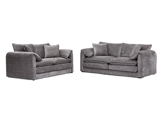 A gray textured fabric loveseat and matching armchair shown against a plain white background.