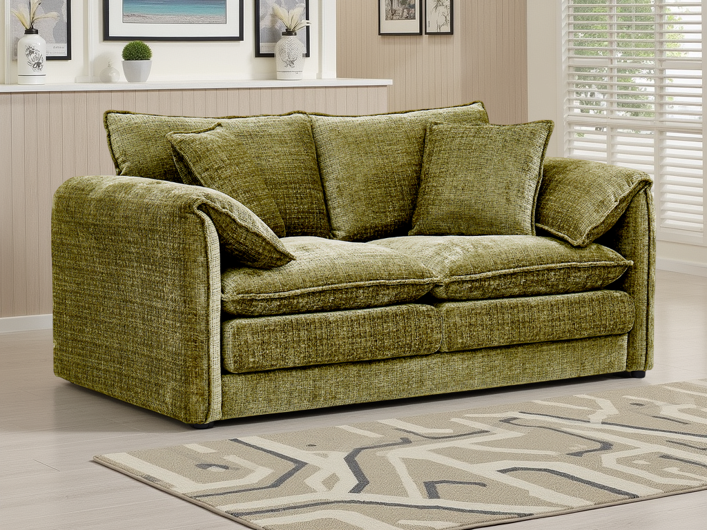 Green sofa in a living room with a patterned rug and framed pictures on the wall.
