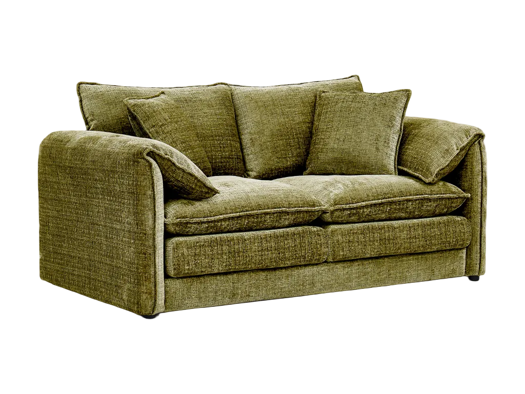 Green sofa with cushions on a white background