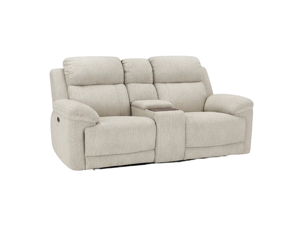 A three-seat power reclining loveseat in a textured light beige fabric, featuring a central console table and adjustable headrests, shown against a plain white background.