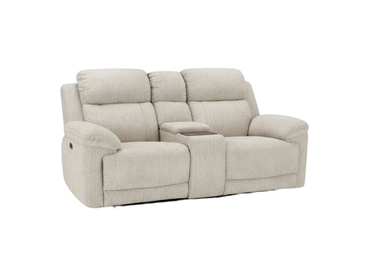 A three-seat power reclining loveseat in a textured light beige fabric, featuring a central console table and adjustable headrests, shown against a plain white background.
