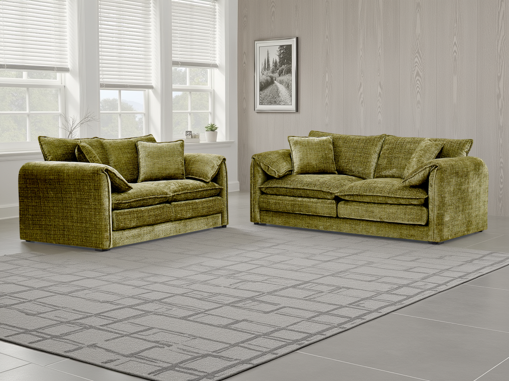 Two green sofas in a room with large windows and a gray floor.