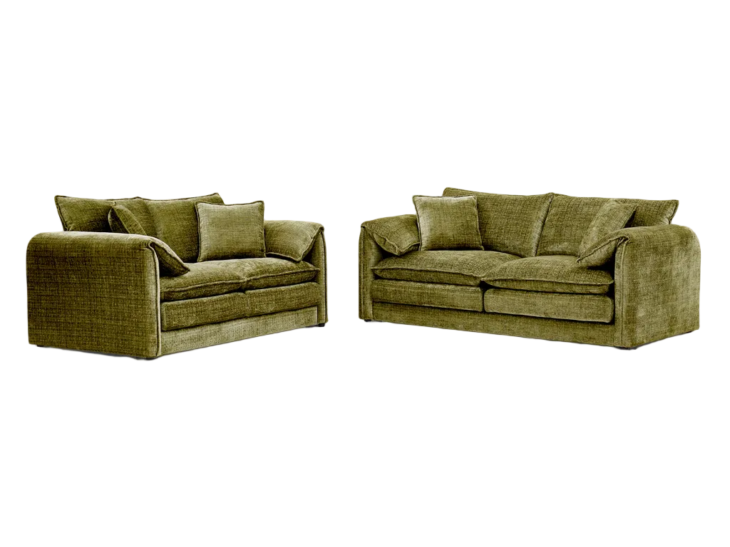 Solaya green three-seater and two-seater chenille sofa set with deep supportive cushions