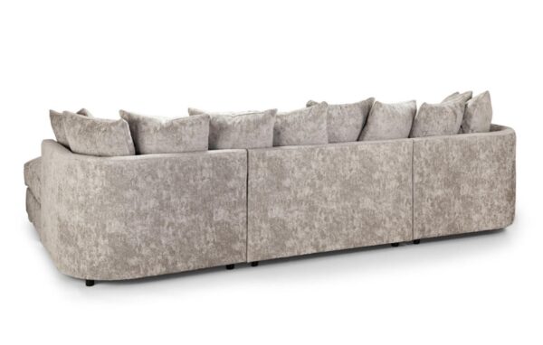 A modern sectional sofa upholstered in a textured light gray fabric, featuring multiple matching throw pillows, shown against a plain white background.
