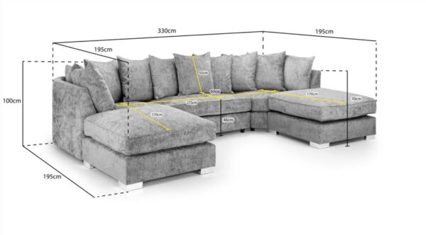 Gray sectional sofa with dimension annotations showing overall measurements in centimeters on a white background.